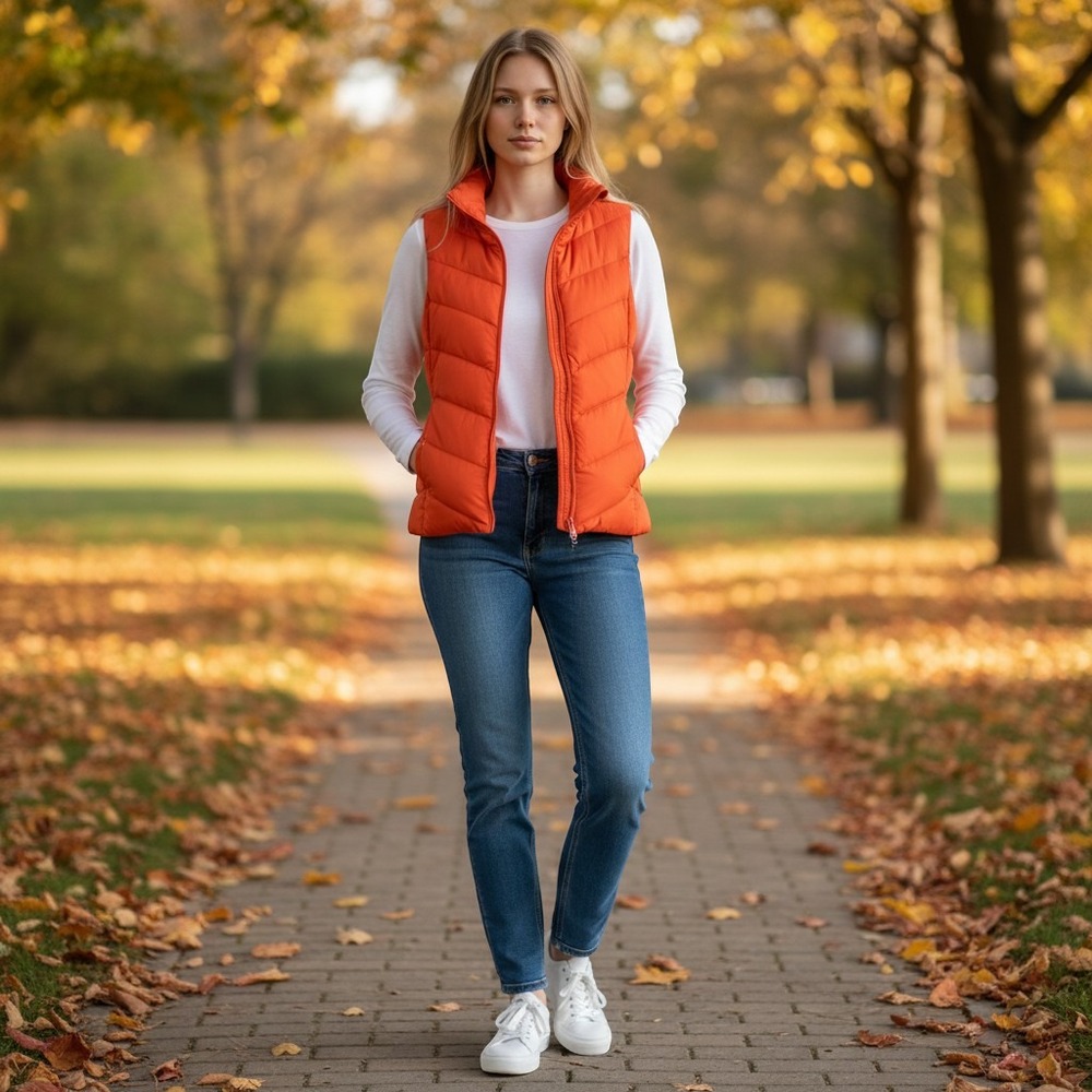 Lands End Womens Orange Down Puffer Vest Chevron Quilted M/T 10-12 489122